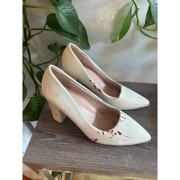 Forever White Block Heel Pumps – Size 6 (Cracked Paint Design) - Picture 2 of 12